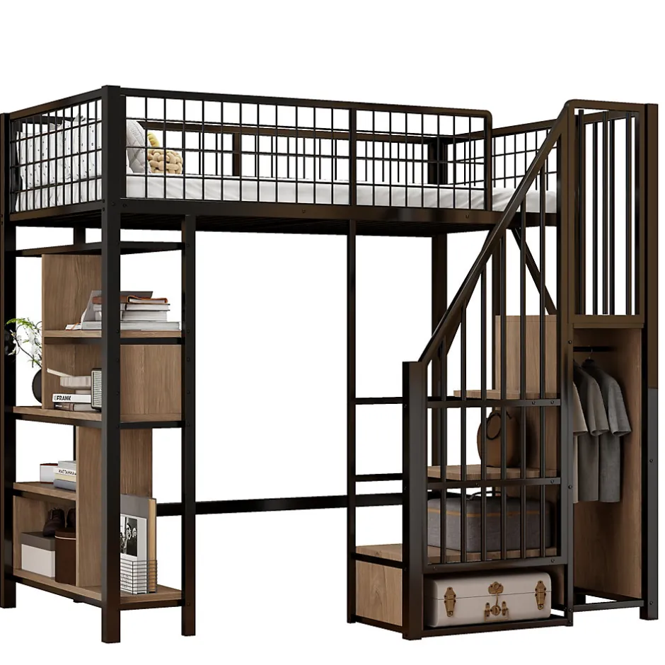 Enfant Redom Lit mezzanine 90x200 cm avec escalier coffre et grand espace sous le lit, structure métal/bois