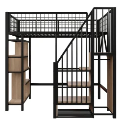 Enfant Redom Lit mezzanine 90x200 cm avec escalier coffre et grand espace sous le lit, structure métal/bois