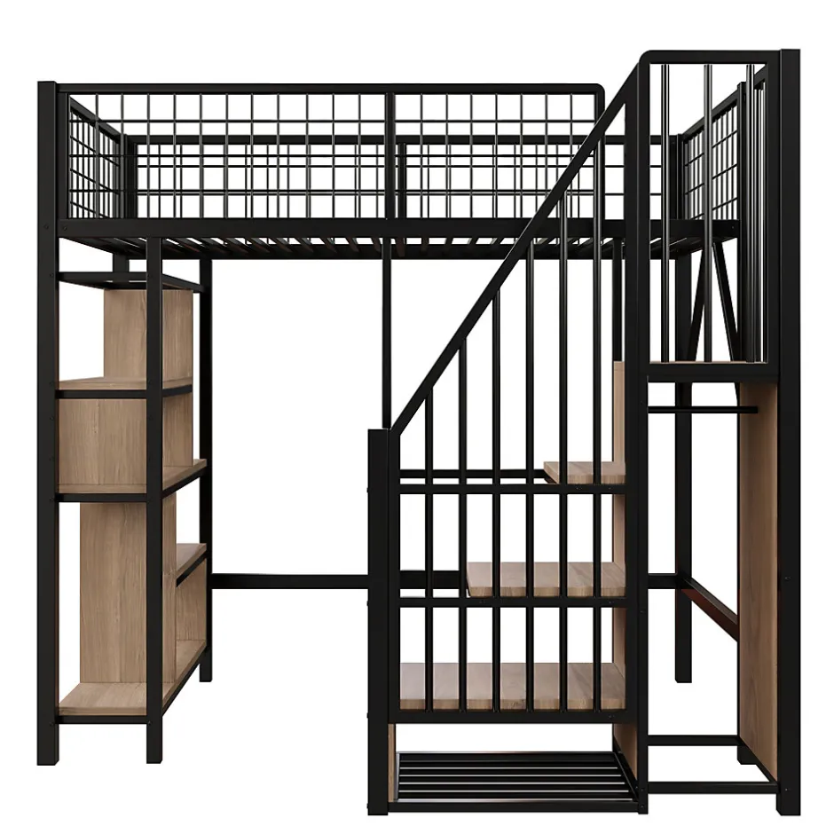 Enfant Redom Lit mezzanine 90x200 cm avec escalier coffre et grand espace sous le lit, structure métal/bois