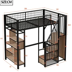 Enfant Redom Lit mezzanine 90x200 cm avec escalier coffre et grand espace sous le lit, structure métal/bois