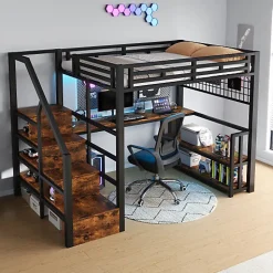 ModernLuxe Lit mezzanine 140x200 cm avec LED - avec penderie et bureau - 2 ports USB + 1 port Type-C - noir (matelas non inclus) Hot