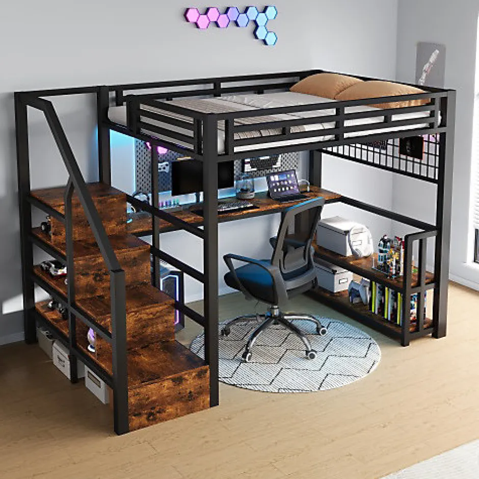 ModernLuxe Lit mezzanine 140x200 cm avec LED - avec penderie et bureau - 2 ports USB + 1 port Type-C - noir (matelas non inclus) Hot