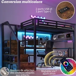 ModernLuxe Lit mezzanine 140x200 cm avec LED - avec penderie et bureau - 2 ports USB + 1 port Type-C - noir (matelas non inclus) Hot