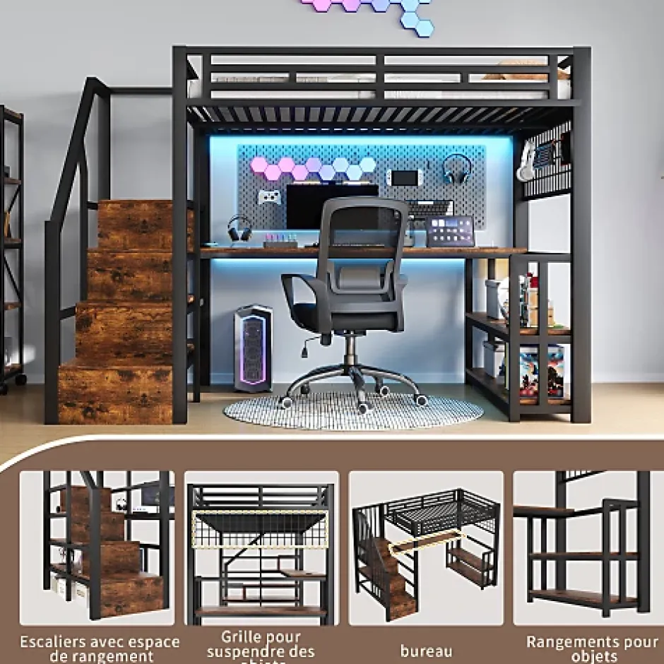 ModernLuxe Lit mezzanine 140x200 cm avec LED - avec penderie et bureau - 2 ports USB + 1 port Type-C - noir (matelas non inclus) Hot
