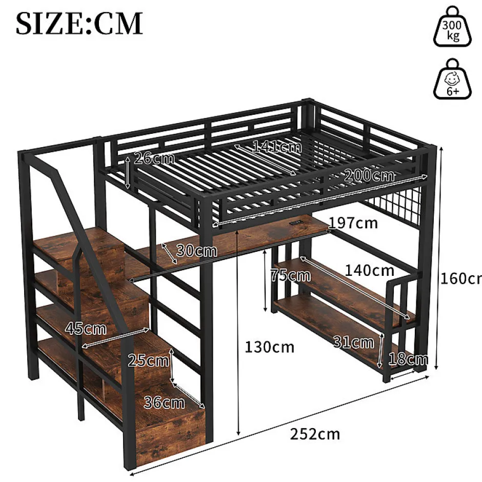 ModernLuxe Lit mezzanine 140x200 cm avec LED - avec penderie et bureau - 2 ports USB + 1 port Type-C - noir (matelas non inclus) Hot