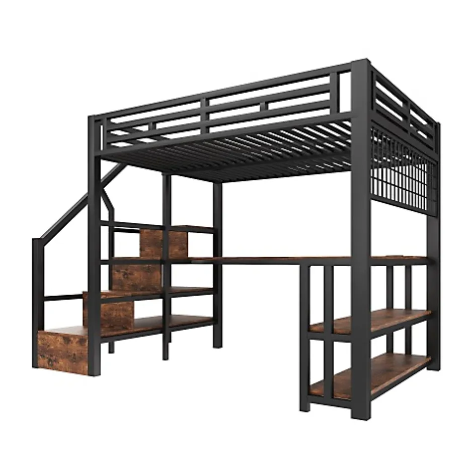 ModernLuxe Lit mezzanine 140x200 cm avec LED - avec penderie et bureau - 2 ports USB + 1 port Type-C - noir (matelas non inclus) Hot