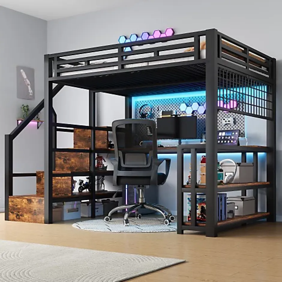 ModernLuxe Lit mezzanine 140x200 cm avec LED - avec penderie et bureau - 2 ports USB + 1 port Type-C - noir (matelas non inclus) Hot