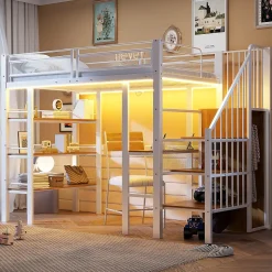 ModernLuxe Lit mezzanine 90x200 cm avec LED et prise électrique - avec compartiments de rangement - avec étagère - blanc (matelas non inclus)