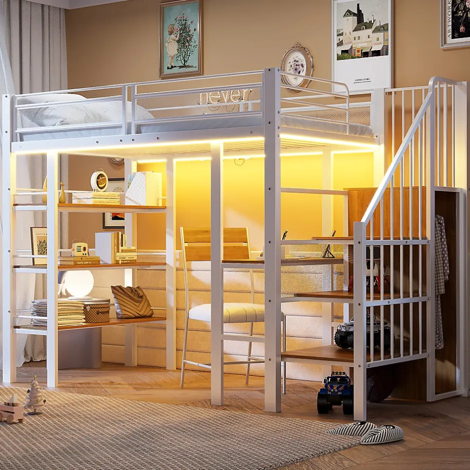 ModernLuxe Lit mezzanine 90x200 cm avec LED et prise électrique - avec compartiments de rangement - avec étagère - blanc (matelas non inclus)