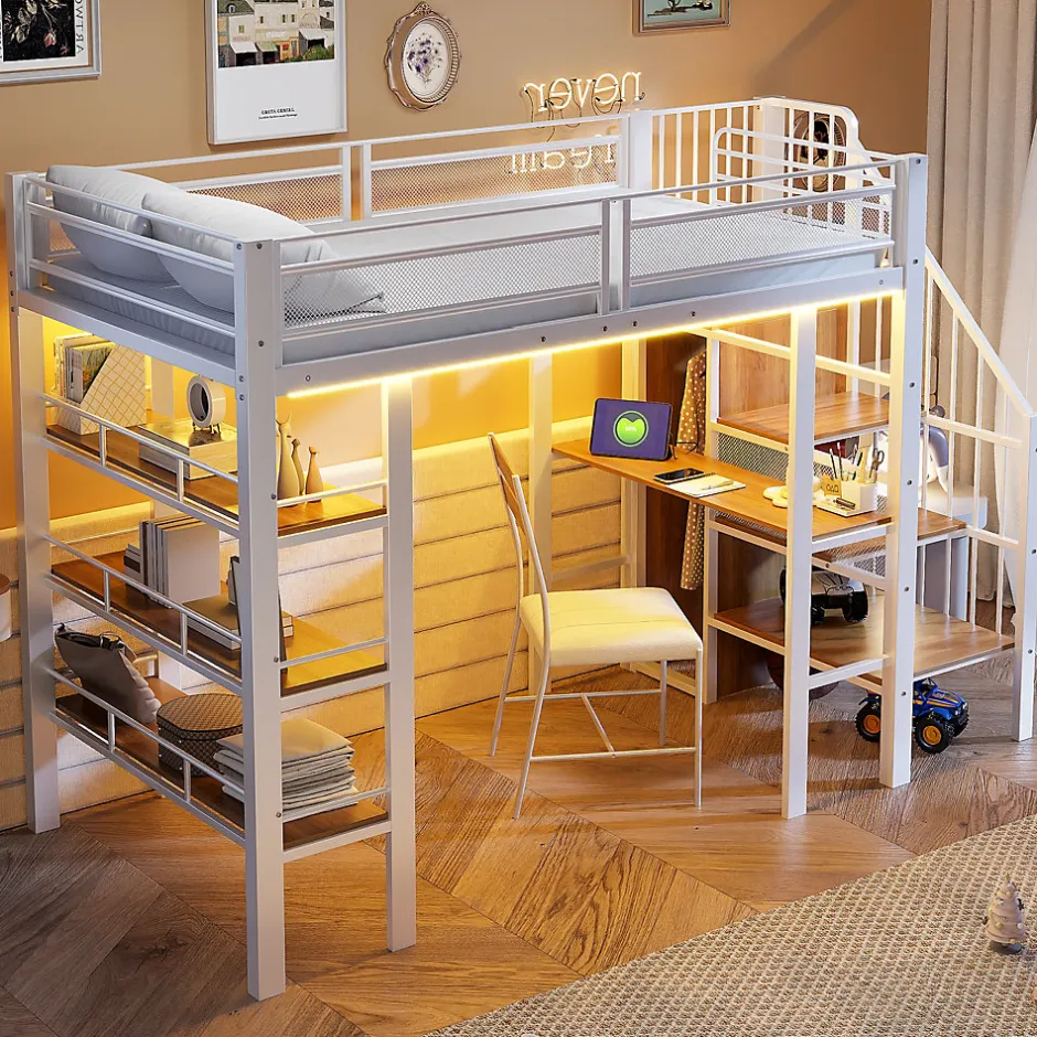 ModernLuxe Lit mezzanine 90x200 cm avec LED et prise électrique - avec compartiments de rangement - avec étagère - blanc (matelas non inclus)