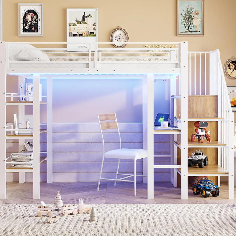 ModernLuxe Lit mezzanine 90x200 cm avec LED et prise électrique - avec compartiments de rangement - avec étagère - blanc (matelas non inclus)