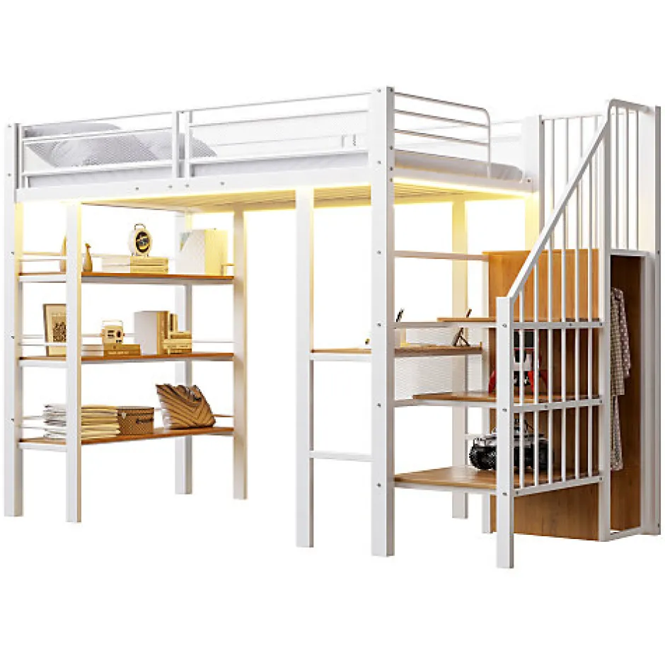 ModernLuxe Lit mezzanine 90x200 cm avec LED et prise électrique - avec compartiments de rangement - avec étagère - blanc (matelas non inclus)