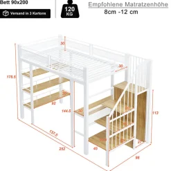 ModernLuxe Lit mezzanine 90x200 cm avec LED et prise électrique - avec compartiments de rangement - avec étagère - blanc (matelas non inclus)