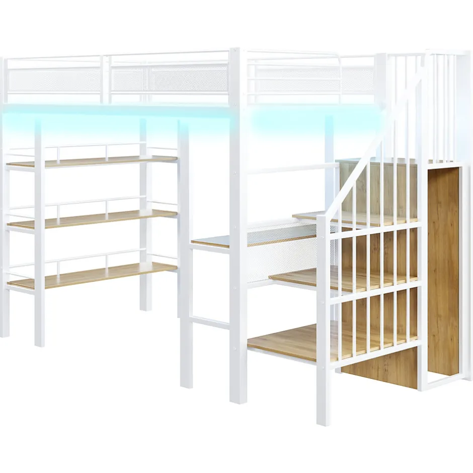 ModernLuxe Lit mezzanine 90x200 cm avec LED et prise électrique - avec compartiments de rangement - avec étagère - blanc (matelas non inclus)