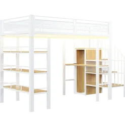 ModernLuxe Lit mezzanine 90x200 cm avec LED et prise électrique - avec compartiments de rangement - avec étagère - blanc (matelas non inclus)