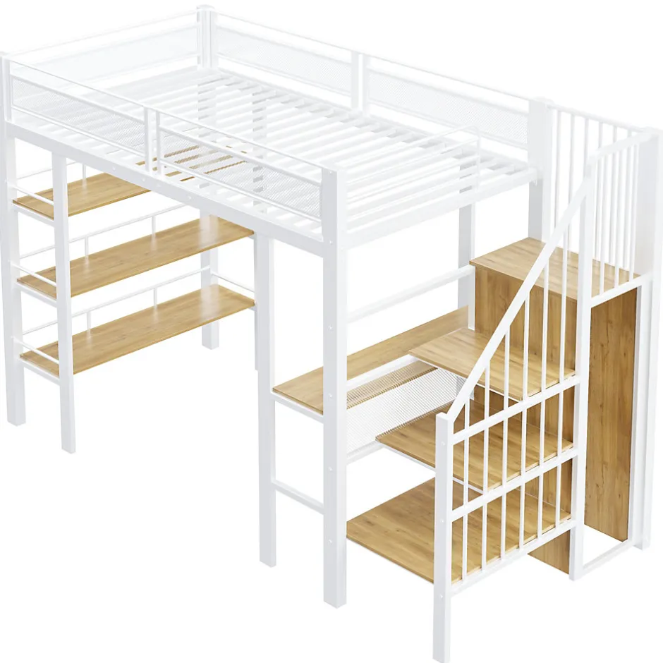 ModernLuxe Lit mezzanine 90x200 cm avec LED et prise électrique - avec compartiments de rangement - avec étagère - blanc (matelas non inclus)