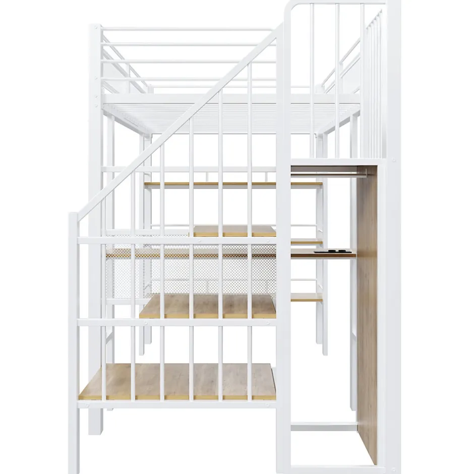 ModernLuxe Lit mezzanine 90x200 cm avec LED et prise électrique - avec compartiments de rangement - avec étagère - blanc (matelas non inclus)