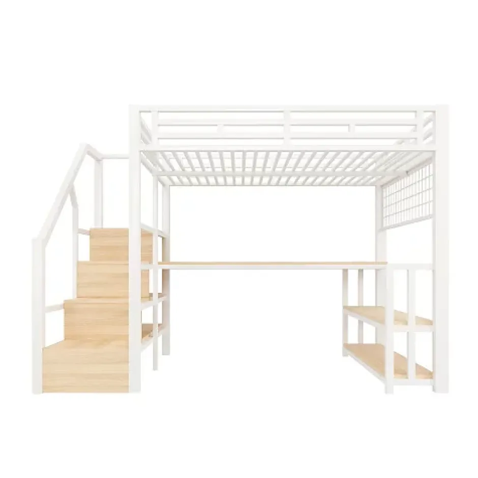 ModernLuxe Lit mezzanine 140x200 cm avec LED - avec penderie et bureau - 2 ports USB + 1 port Type-C - blanc (matelas non inclus) Hot