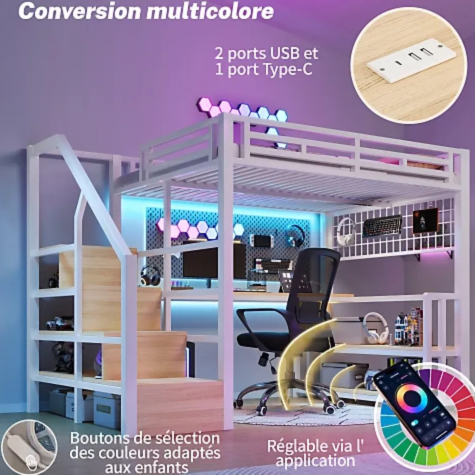 ModernLuxe Lit mezzanine 140x200 cm avec LED - avec penderie et bureau - 2 ports USB + 1 port Type-C - blanc (matelas non inclus) Hot