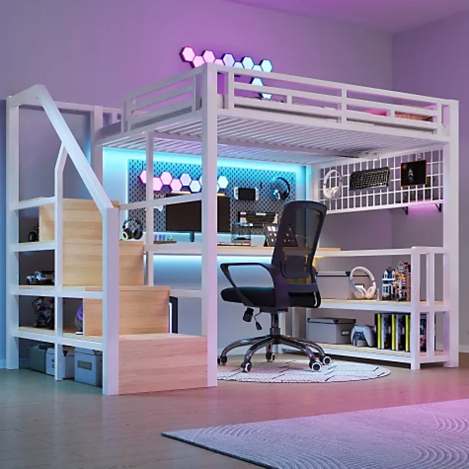 ModernLuxe Lit mezzanine 140x200 cm avec LED - avec penderie et bureau - 2 ports USB + 1 port Type-C - blanc (matelas non inclus) Hot