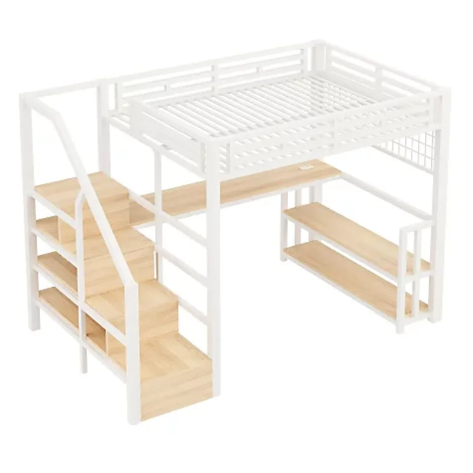 ModernLuxe Lit mezzanine 140x200 cm avec LED - avec penderie et bureau - 2 ports USB + 1 port Type-C - blanc (matelas non inclus) Hot