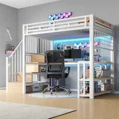 ModernLuxe Lit mezzanine 90x200 cm avec LED - avec penderie et bureau - 2 ports USB + 1 port Type-C - blanc (matelas non inclus) Sale