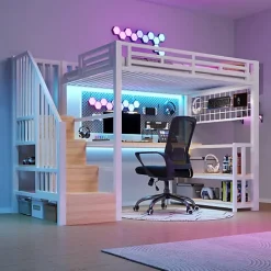 ModernLuxe Lit mezzanine 90x200 cm avec LED - avec penderie et bureau - 2 ports USB + 1 port Type-C - blanc (matelas non inclus) Sale