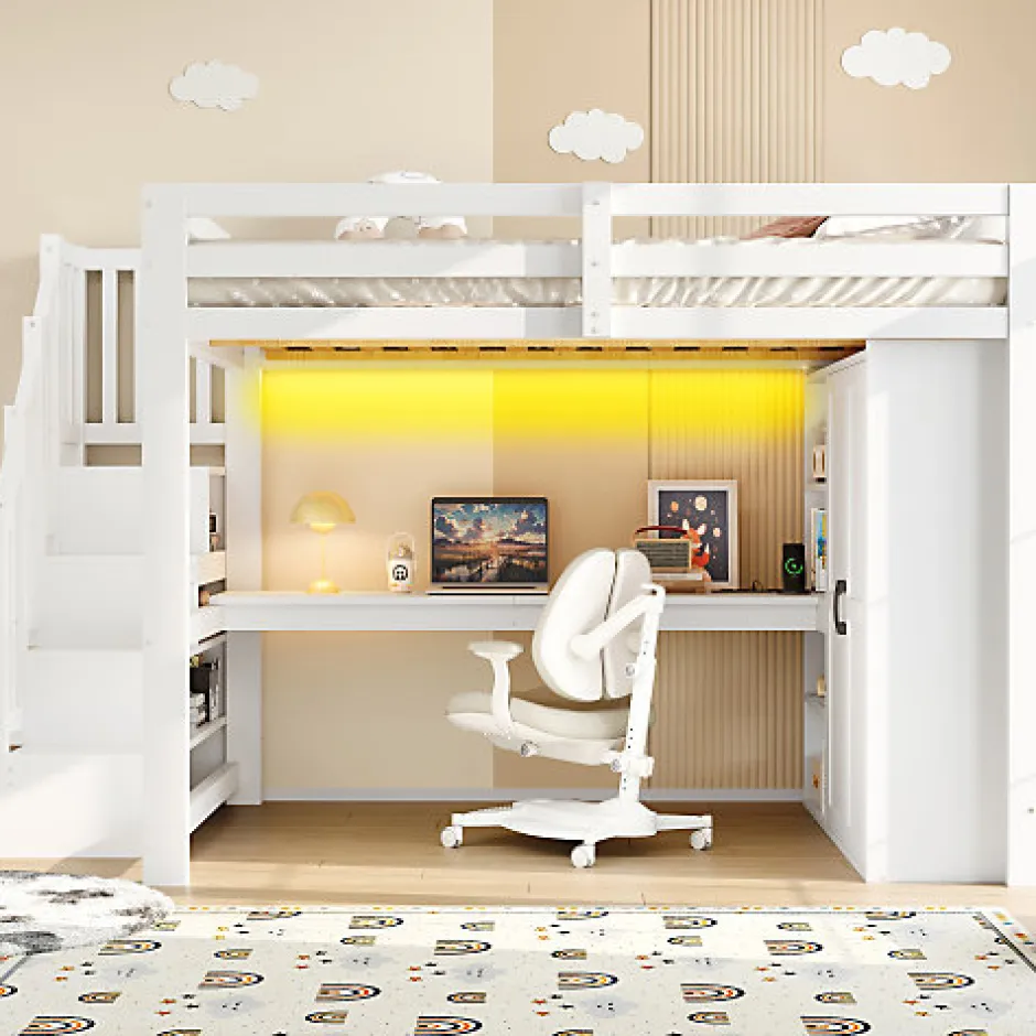 ModernLuxe Lit mezzanine 140x200 cm avec LED - avec bureau et armoire - échelle de rangement - port USB - blanc (sans matelas)