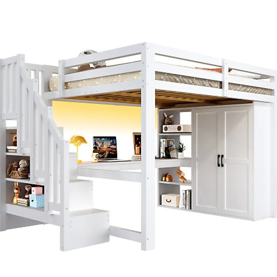 ModernLuxe Lit mezzanine 140x200 cm avec LED - avec bureau et armoire - échelle de rangement - port USB - blanc (sans matelas)
