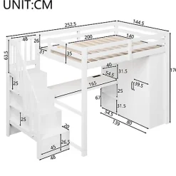 ModernLuxe Lit mezzanine 140x200 cm avec LED - avec bureau et armoire - échelle de rangement - port USB - blanc (sans matelas)