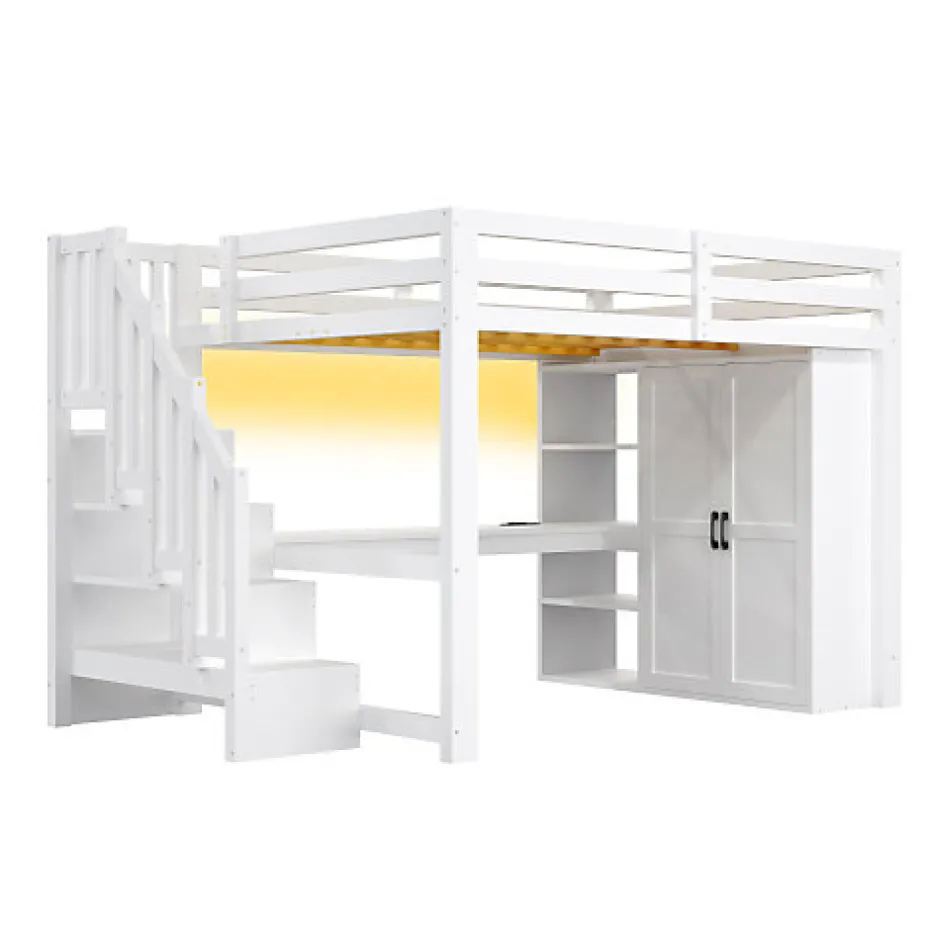 ModernLuxe Lit mezzanine 140x200 cm avec LED - avec bureau et armoire - échelle de rangement - port USB - blanc (sans matelas)