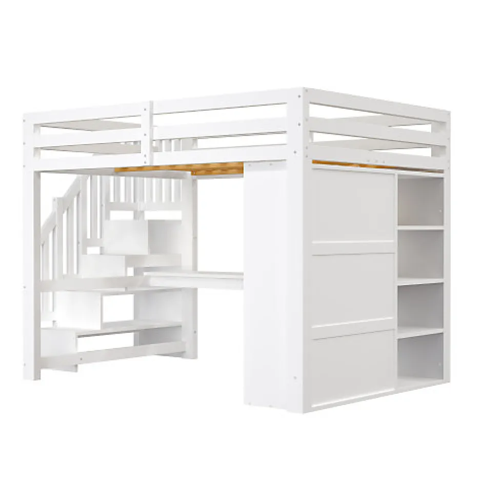 ModernLuxe Lit mezzanine 140x200 cm avec LED - avec bureau et armoire - échelle de rangement - port USB - blanc (sans matelas)