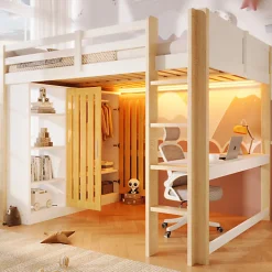 ModernLuxe Lit mezzanine 140x200 cm avec LED - avec armoire - avec étagères et bureau - blanc + naturel (matelas non inclus)