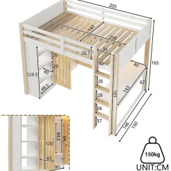 ModernLuxe Lit mezzanine 140x200 cm avec LED - avec armoire - avec étagères et bureau - blanc + naturel (matelas non inclus)