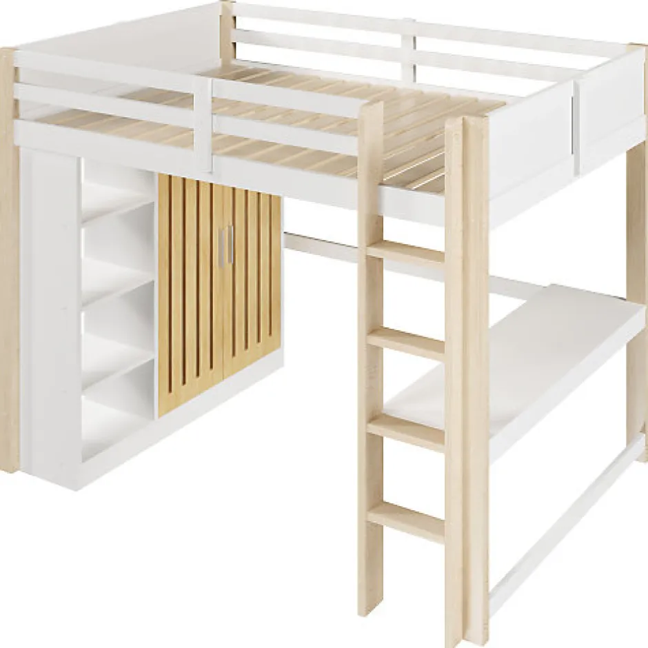 ModernLuxe Lit mezzanine 140x200 cm avec LED - avec armoire - avec étagères et bureau - blanc + naturel (matelas non inclus)