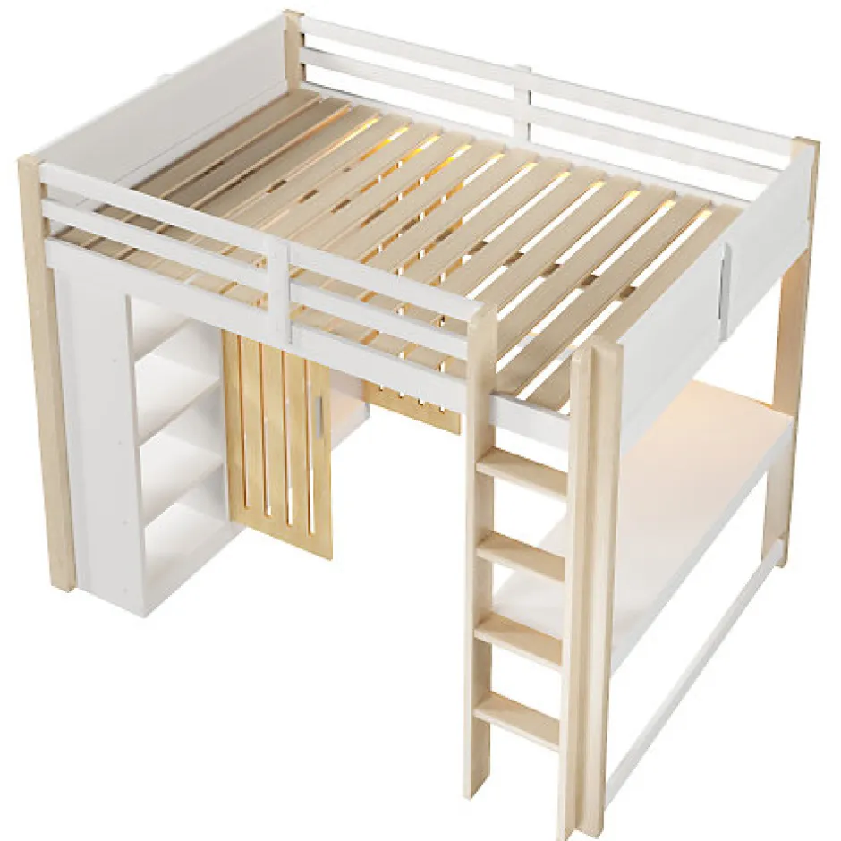 ModernLuxe Lit mezzanine 140x200 cm avec LED - avec armoire - avec étagères et bureau - blanc + naturel (matelas non inclus)