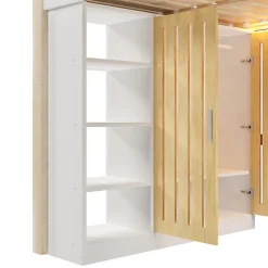 ModernLuxe Lit mezzanine 140x200 cm avec LED - avec armoire - avec étagères et bureau - blanc + naturel (matelas non inclus)