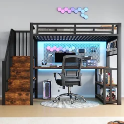 ModernLuxe Lit mezzanine 90x200 cm avec LED - avec penderie et bureau - 2 ports USB + 1 port Type-C - noir (matelas non inclus)