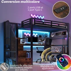ModernLuxe Lit mezzanine 90x200 cm avec LED - avec penderie et bureau - 2 ports USB + 1 port Type-C - noir (matelas non inclus)