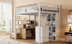 Enfant Redom Lit mezzanine 140x200 cm avec rangement sous marches, garde-corps fenêtre et structure métal/bois