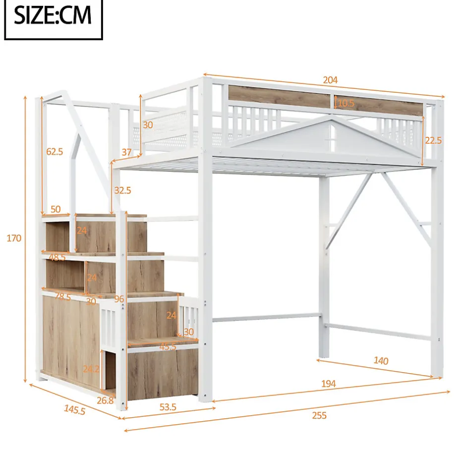 Enfant Redom Lit mezzanine 140x200 cm avec rangement sous marches, garde-corps fenêtre et structure métal/bois