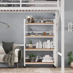 ModernLuxe Lit mezzanine 90x200 cm avec étagère de rangement et roulettes - cintre et échelle - Métal+MDF - Blanc+Naturel(sans matelas) Hot