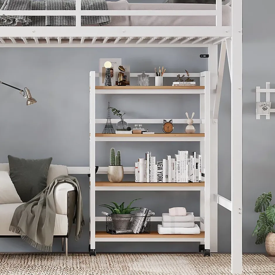 ModernLuxe Lit mezzanine 90x200 cm avec étagère de rangement et roulettes - cintre et échelle - Métal+MDF - Blanc+Naturel(sans matelas) Hot