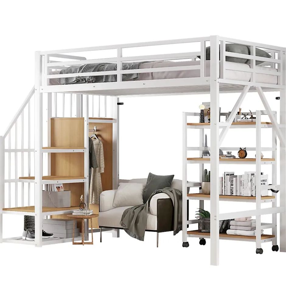ModernLuxe Lit mezzanine 90x200 cm avec étagère de rangement et roulettes - cintre et échelle - Métal+MDF - Blanc+Naturel(sans matelas) Hot
