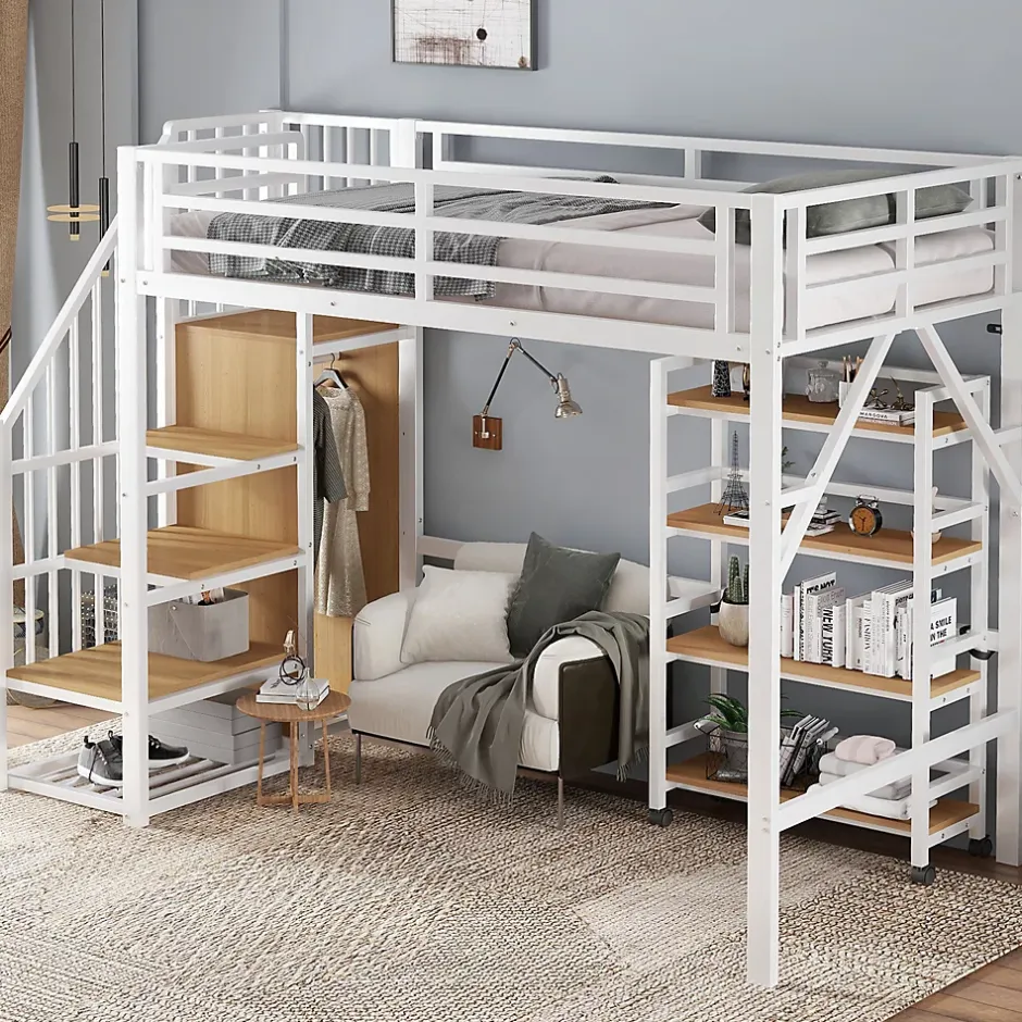 ModernLuxe Lit mezzanine 90x200 cm avec étagère de rangement et roulettes - cintre et échelle - Métal+MDF - Blanc+Naturel(sans matelas) Hot