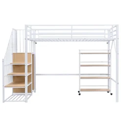 ModernLuxe Lit mezzanine 90x200 cm avec étagère de rangement et roulettes - cintre et échelle - Métal+MDF - Blanc+Naturel(sans matelas) Hot