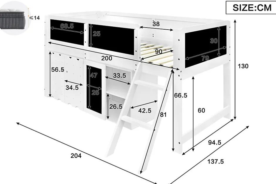 ModernLuxe Lit mezzanine 90x200 cm avec tableau noir - avec 3 portes et une échelle - bois massif+MDF - Blanc(sans matelas)
