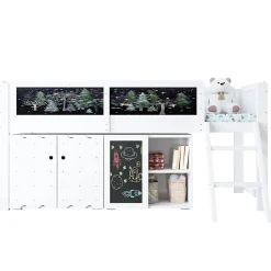 ModernLuxe Lit mezzanine 90x200 cm avec tableau noir - avec 3 portes et une échelle - bois massif+MDF - Blanc(sans matelas)