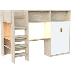 ModernLuxe Lit mezzanine 90x200 cm avec un bureau et une armoire - avec des étagères - avec LED - naturel (matelas non inclus) Online