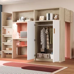 ModernLuxe Lit mezzanine 90x200 cm avec un bureau et une armoire - avec des étagères - avec LED - naturel (matelas non inclus) Online